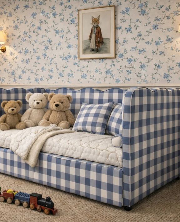 A cozy room with a blue and white checkered daybed, plaid pillows, and three teddy bears. A cream quilt covers part of the bed. Above, a framed animal portrait hangs on floral wallpaper; toy train sits on the floor.