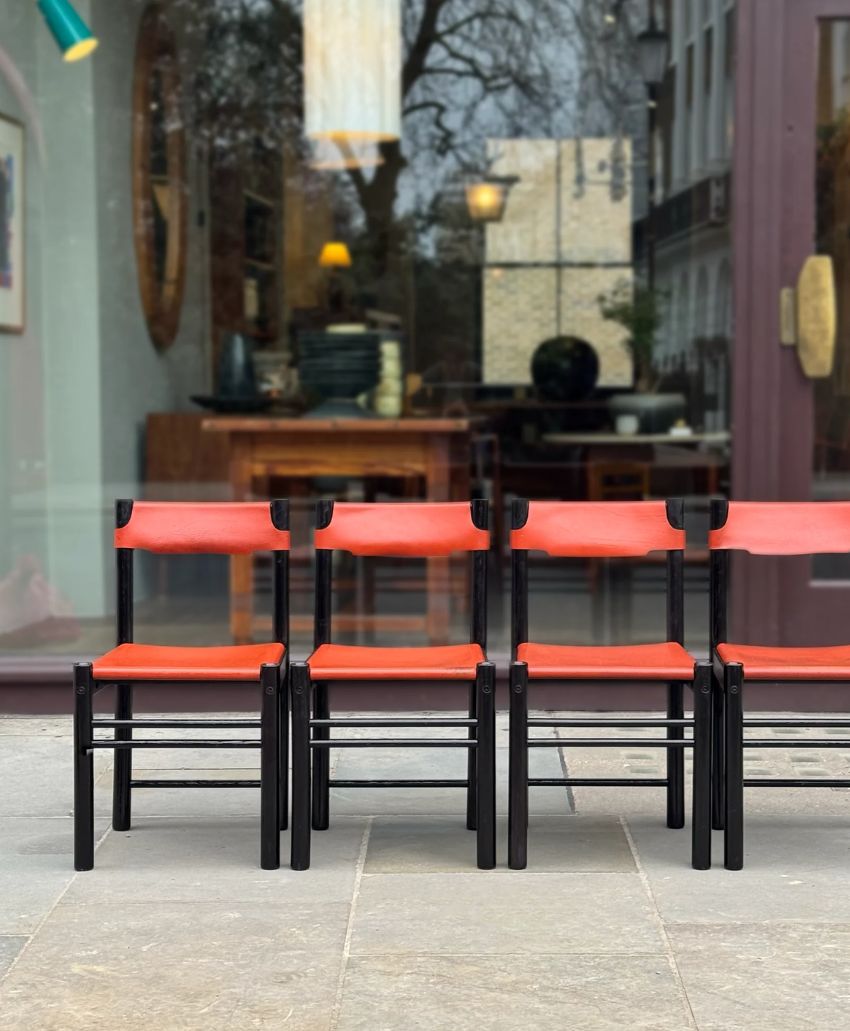 Sigmar-Set of 4 Red and Black Leather Dining Chairs by Ibisco, Italy, 1960s