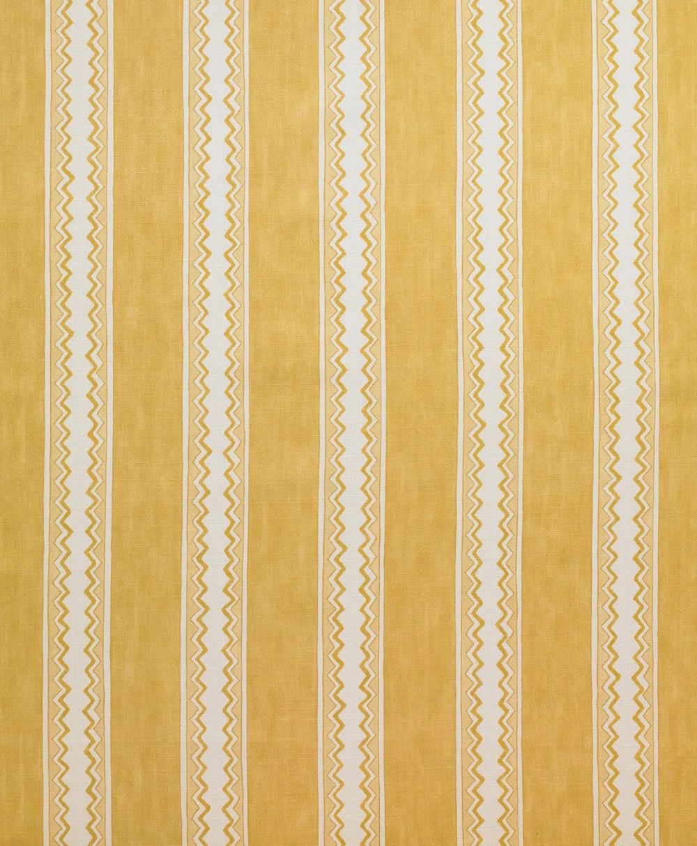 Yellow and white striped fabric pattern featuring alternating wide yellow and narrow white stripes, with a zigzag design bordering the white stripes. The pattern is repetitive and symmetrical.