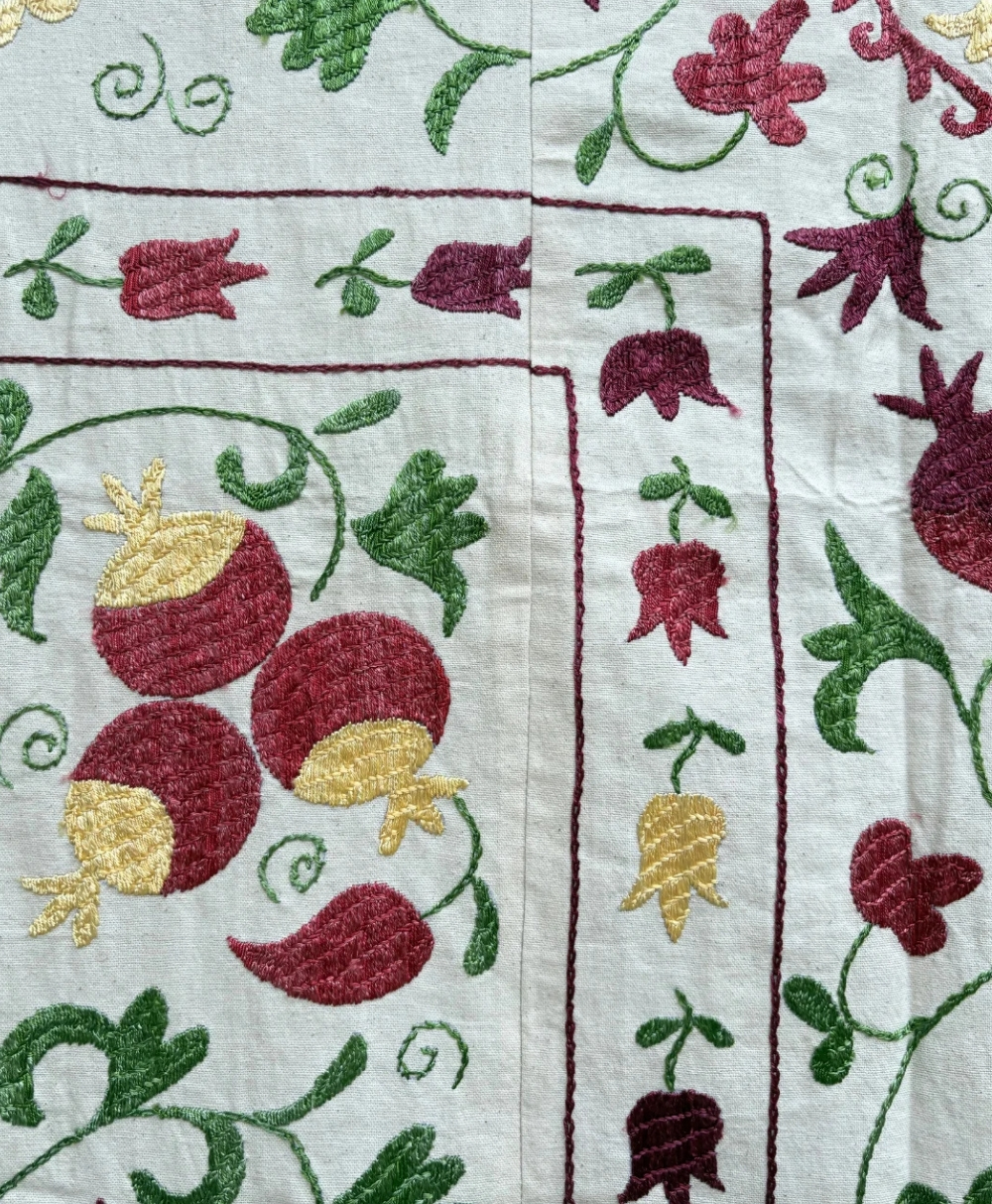 Embroidered fabric featuring yellow, green, red, and burgundy floral and fruit motifs with swirling leaves and stems, arranged in a decorative border and central pattern on a light background.