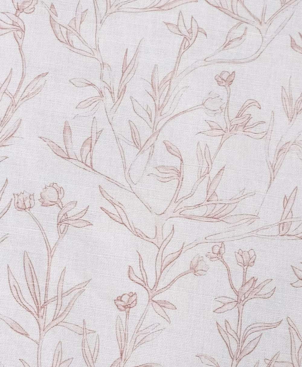 Light pink line drawings of delicate flowers and leaves on a white fabric background, creating a soft, subtle botanical pattern.
