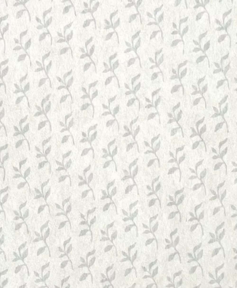 A subtle, light gray pattern of small, leafy branches is repeated on a white background, creating a soft and delicate floral design.