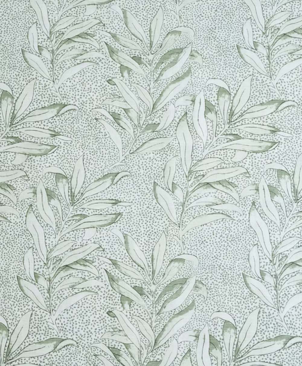 A seamless botanical pattern with green leafy branches and light green dots on a pale background, creating a natural and delicate design.