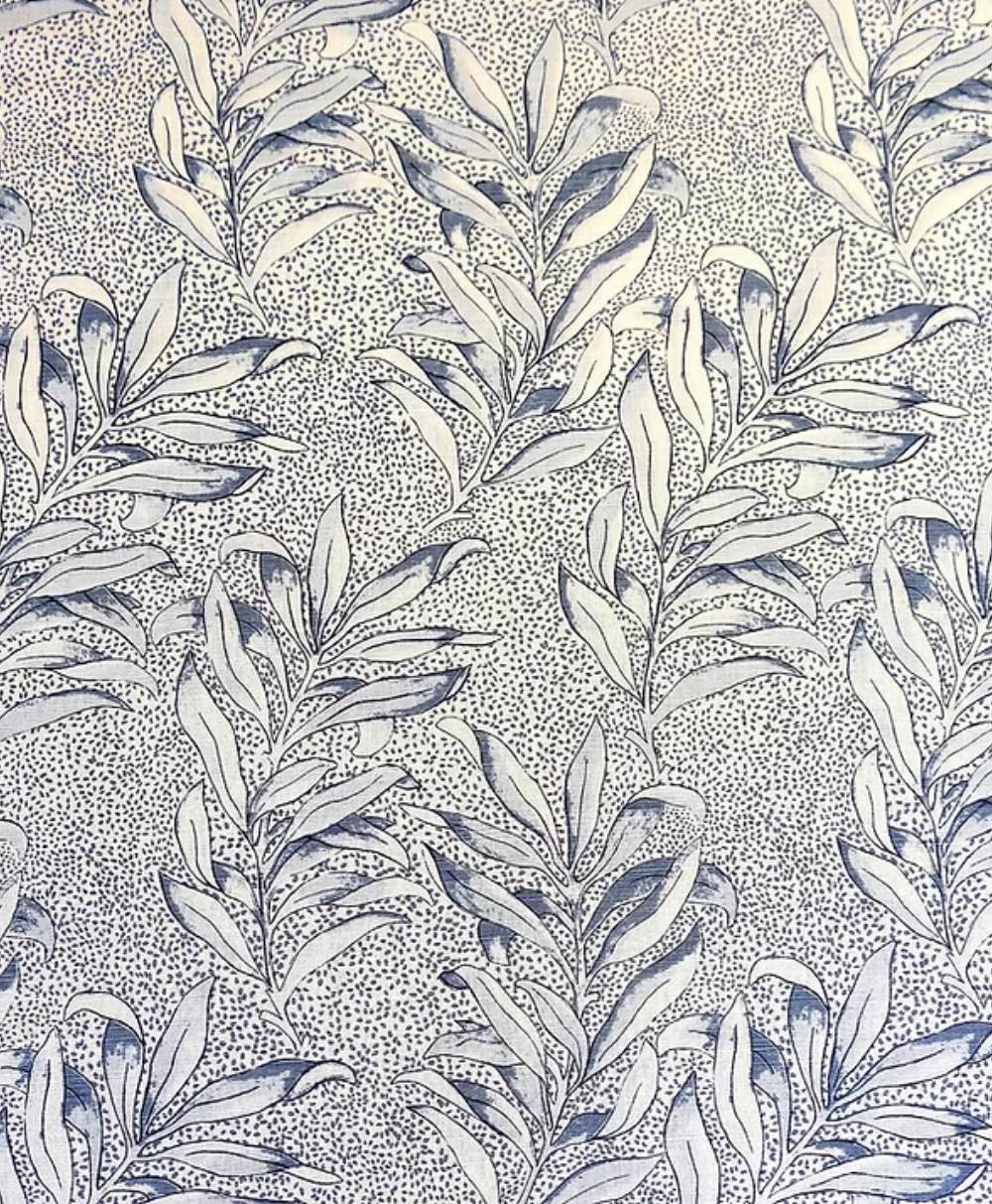 Blue and white patterned wallpaper featuring repeated leafy branches with delicate, sketched leaves and a background filled with small dotted textures.
