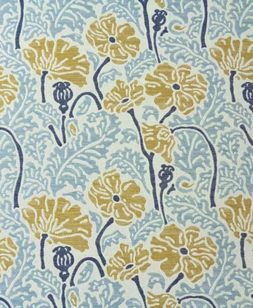 A patterned fabric featuring yellow poppy flowers with blue stems and leaves on a pale blue and white background, creating a vintage, botanical design.