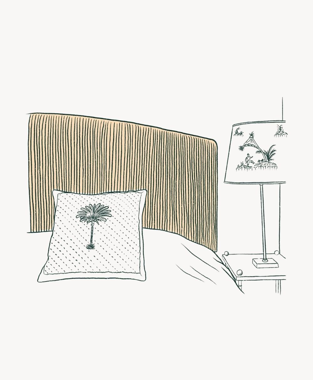 A simple line drawing of a bed with a striped headboard, a pillow featuring a palm tree design, and a bedside table with a lamp decorated with a botanical motif.