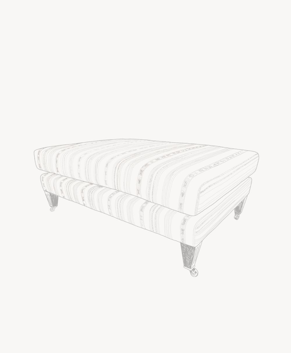 A lightly sketched rectangular ottoman with striped upholstery and four short, angled legs, two of which have small wheels. The design is minimal and the colors are very faint.