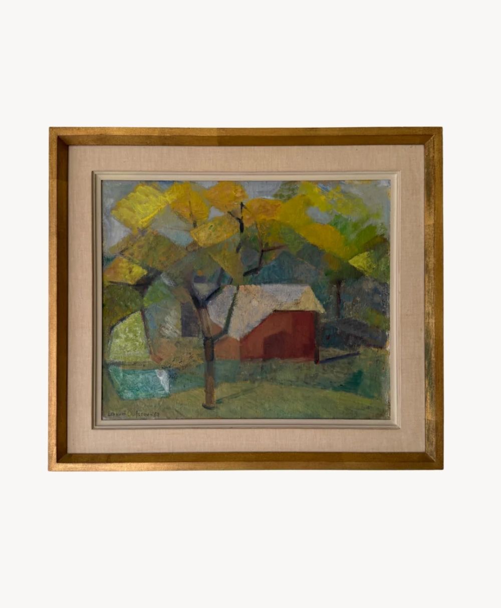 Framed painting of a red barn and trees with yellow-green leaves, depicted in a geometric, abstract style with bold colors and angular brushstrokes.