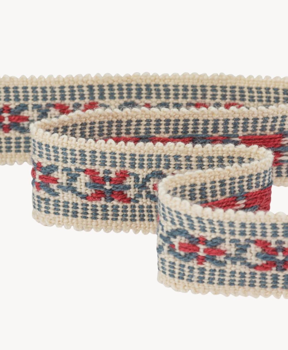 A close-up of a decorative woven ribbon featuring a blue and white checkered pattern with red and white geometric designs, edged with a scalloped cream border, against a white background.