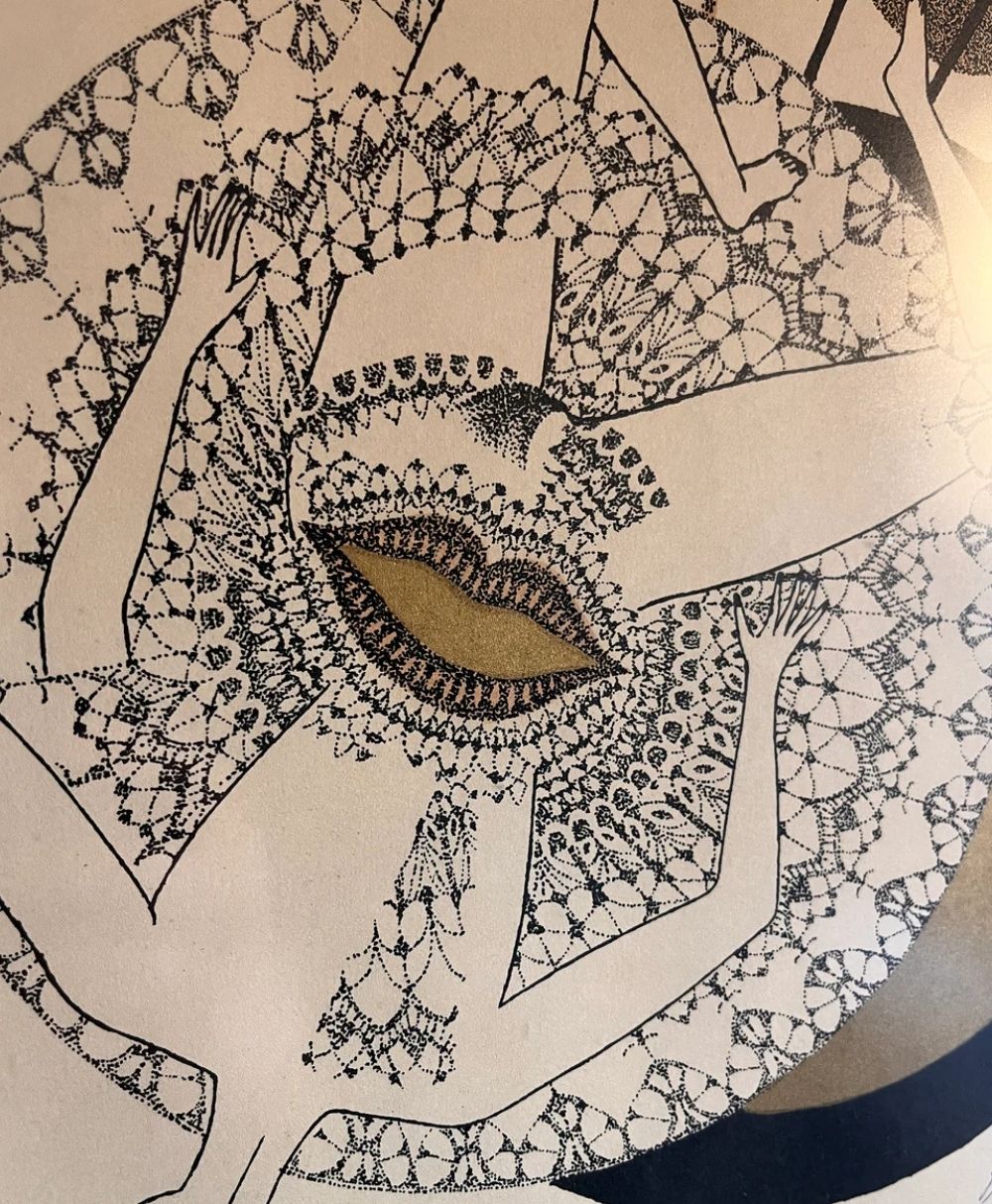 Abstract illustration featuring intertwined, patterned human figures with outstretched arms and legs, surrounding a central gold and black oval shape, all rendered in fine, intricate dot and lace-like details.