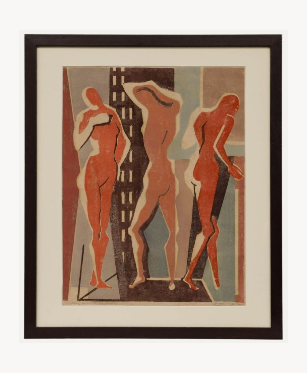 Framed abstract artwork depicting three stylized nude human figures in warm tones, standing and posing against a geometric, architectural background in muted colors.