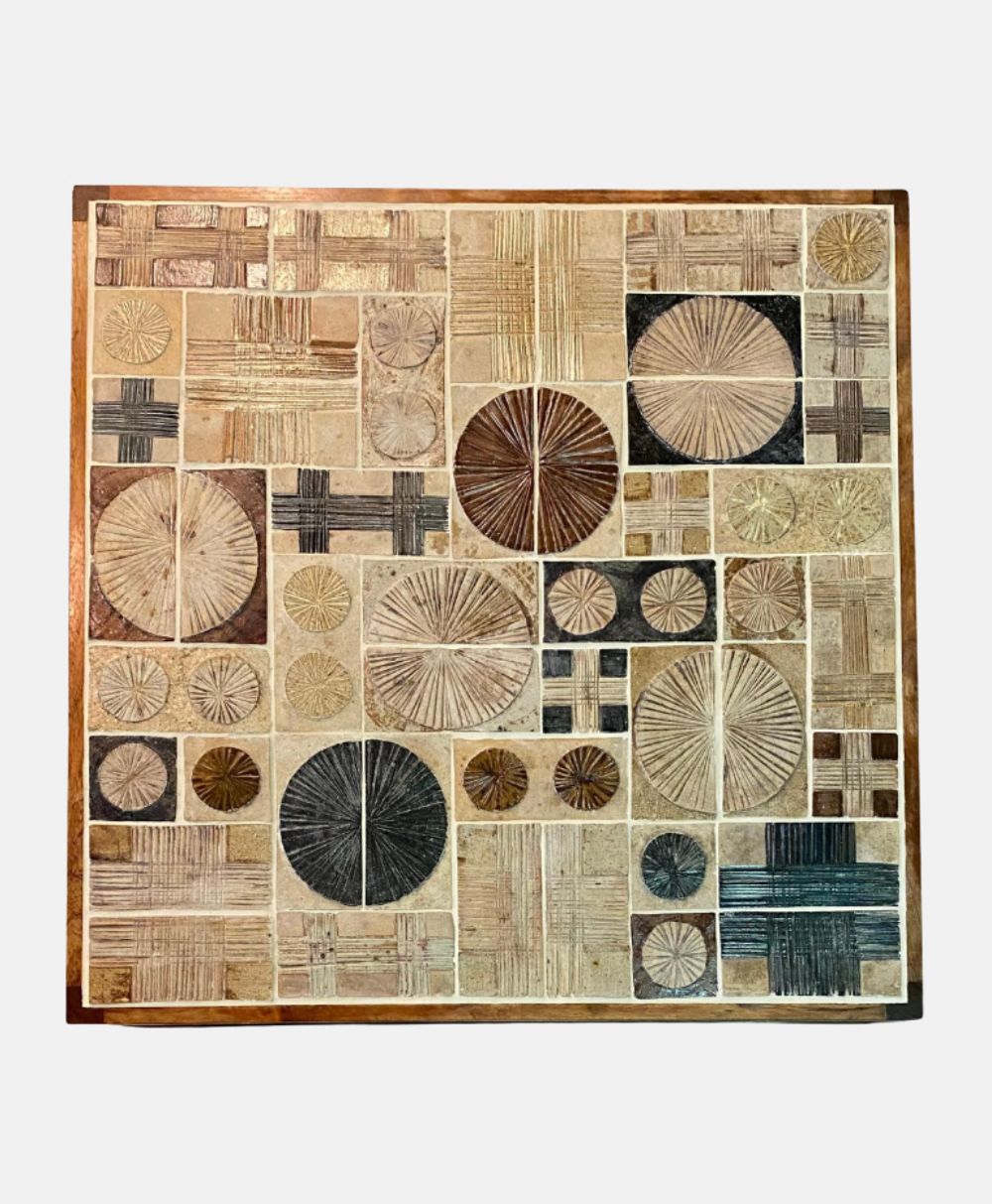 Abstract wall art featuring a grid of geometric shapes, including circles, squares, and lines in neutral tones of beige, brown, and black, with textured patterns filling each shape.