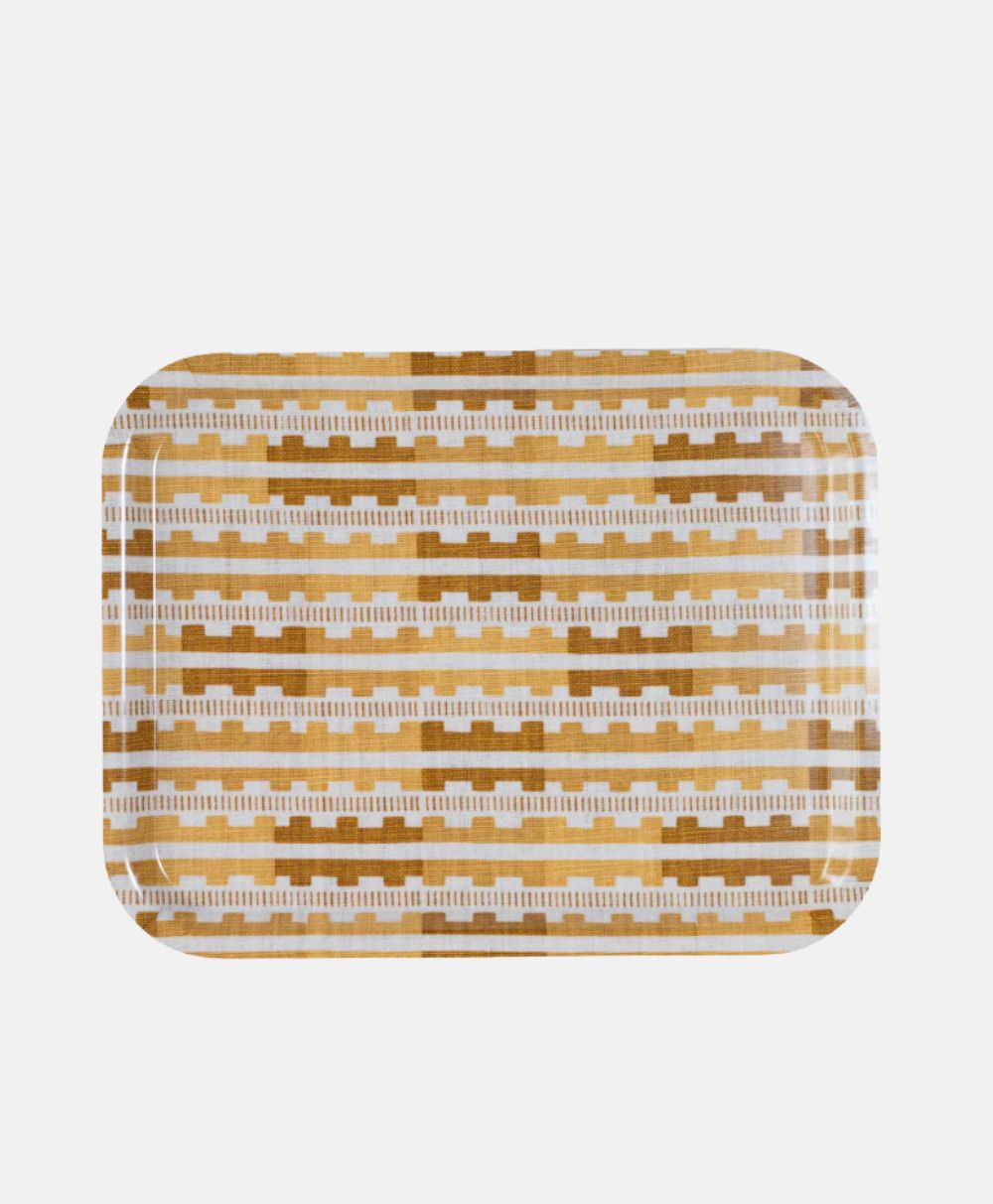A rectangular tray with rounded corners featuring a geometric pattern of horizontal stripes in shades of yellow, brown, and white on a white background.