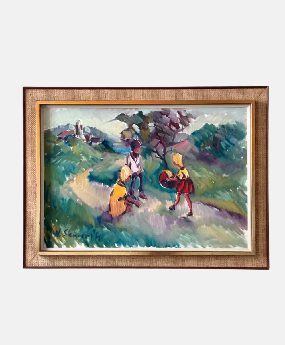 Framed painting of four children playing outdoors on grassy terrain, with trees and a distant building in the background. The scene is depicted with vibrant, expressive brushstrokes and rich colors.