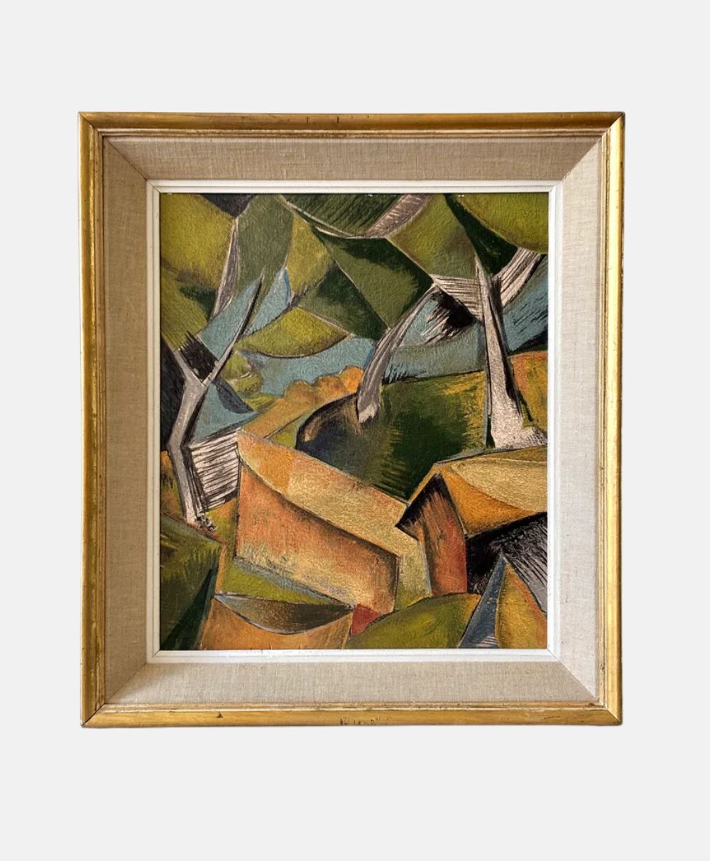 Framed cubist painting depicting abstract trees and houses in earthy greens, browns, and yellows, with angular shapes and bold lines creating a geometric landscape.