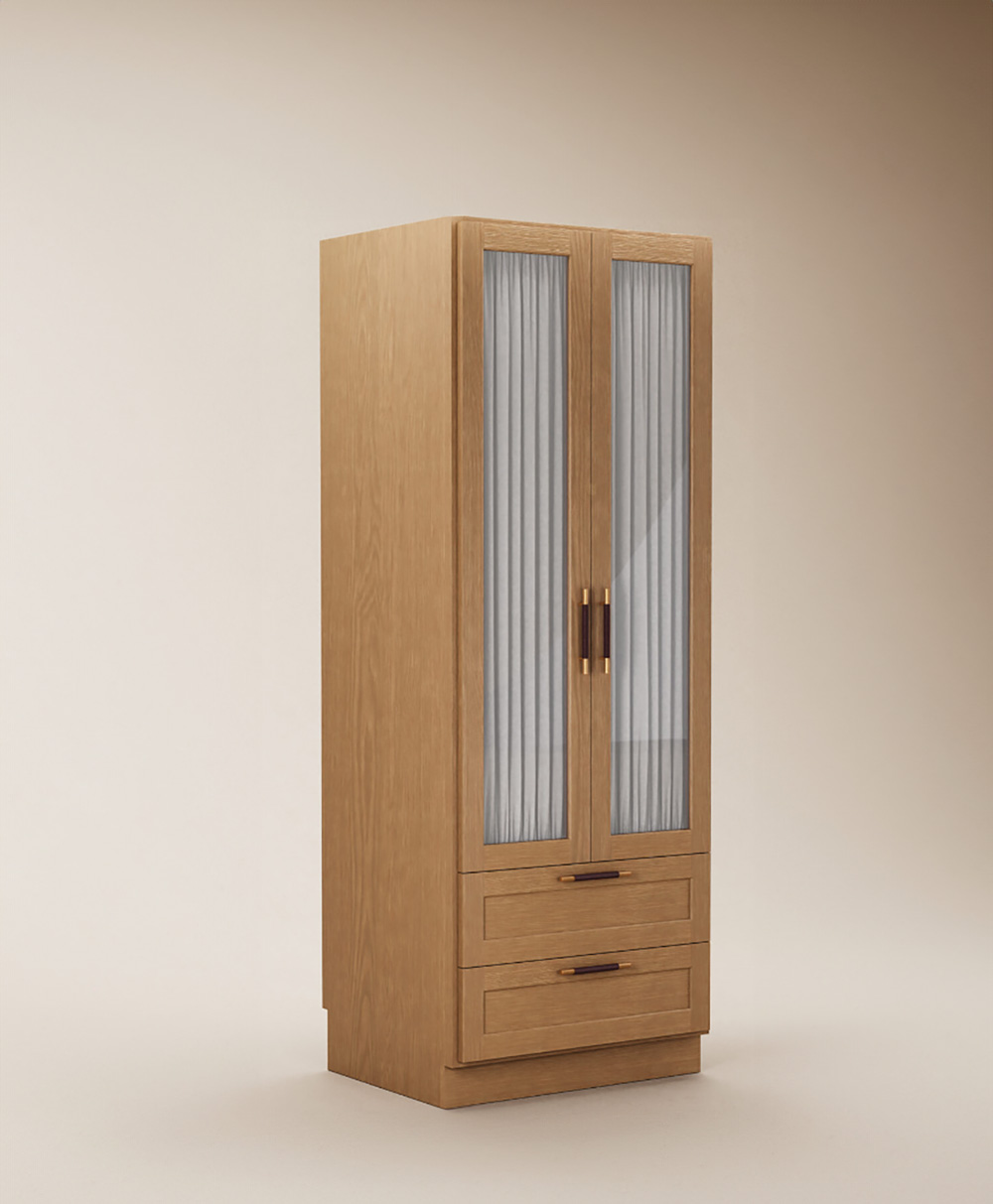 A wooden wardrobe with two glass-paneled doors featuring vertical white curtains inside, and two drawers at the bottom, standing against a plain, light beige background.