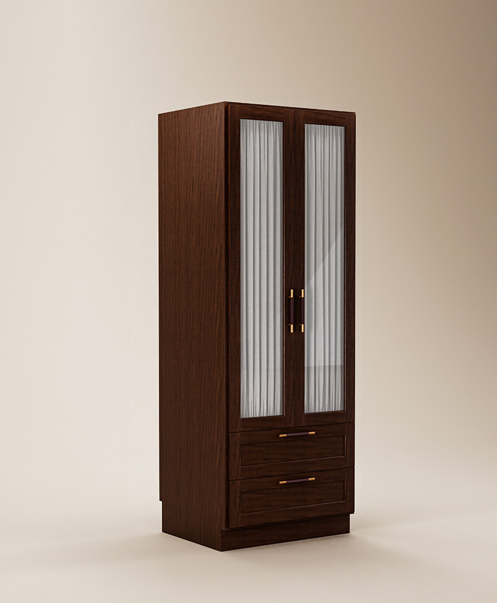 A dark wooden wardrobe with two glass-paneled doors featuring white curtains and two drawers at the bottom, against a light beige background.