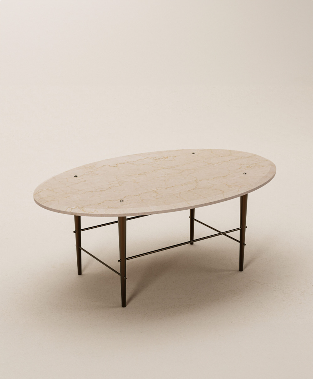Oval-shaped coffee table with a light-colored, marble-patterned top and thin, dark metal legs featuring crossbars for support, set against a plain, light background.