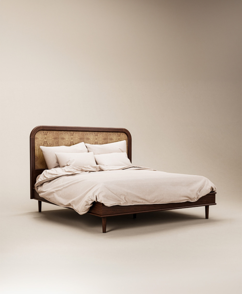 A modern wooden bed with a light beige headboard and matching beige bedding and pillows, set against a plain, neutral background.