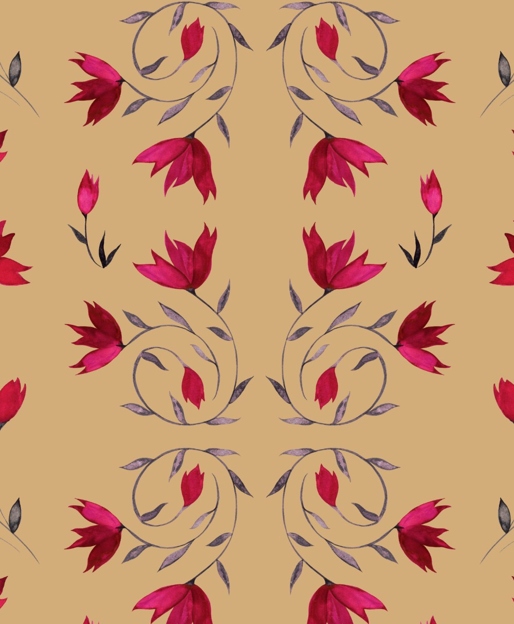 Seamless pattern of red flowers with swirling stems and gray leaves on a light brown background. The design repeats symmetrically, creating an elegant, floral motif.