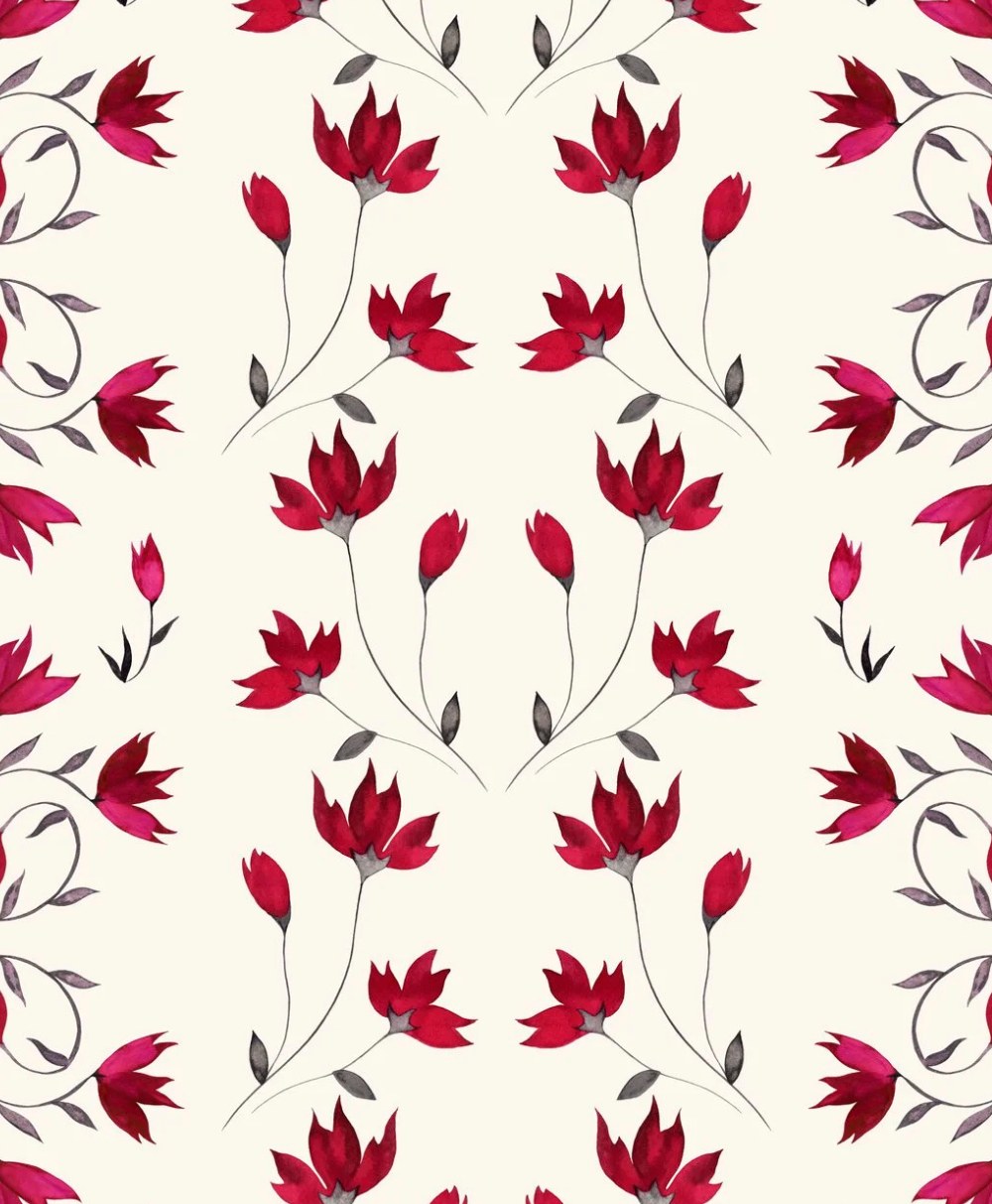 Seamless pattern of red and pink watercolor flowers with thin gray stems and leaves on a light cream background, arranged in a symmetrical, repeating design.