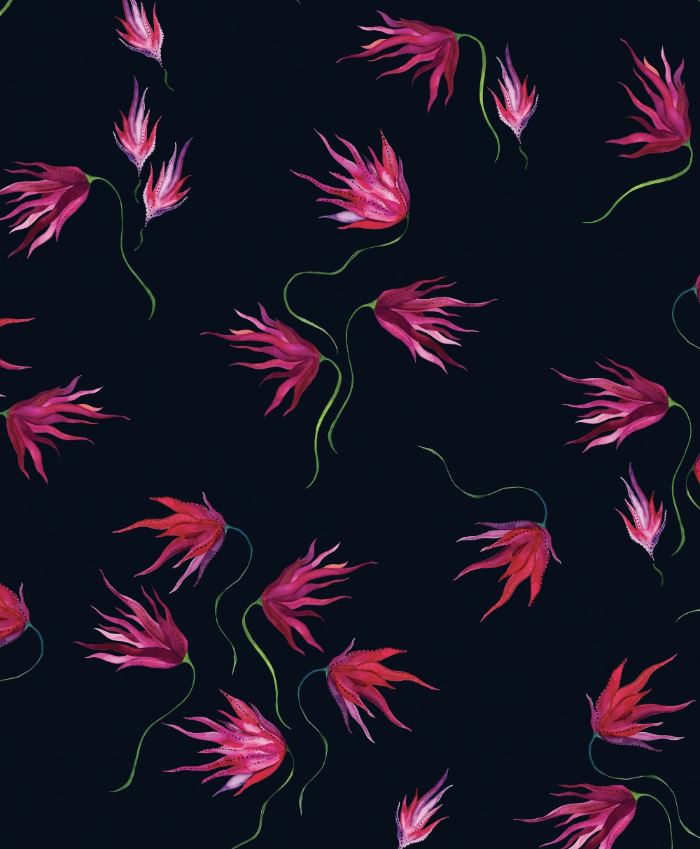 Seamless pattern of vibrant, pink and red abstract flowers with green stems on a dark background, creating a lively and artistic floral design.