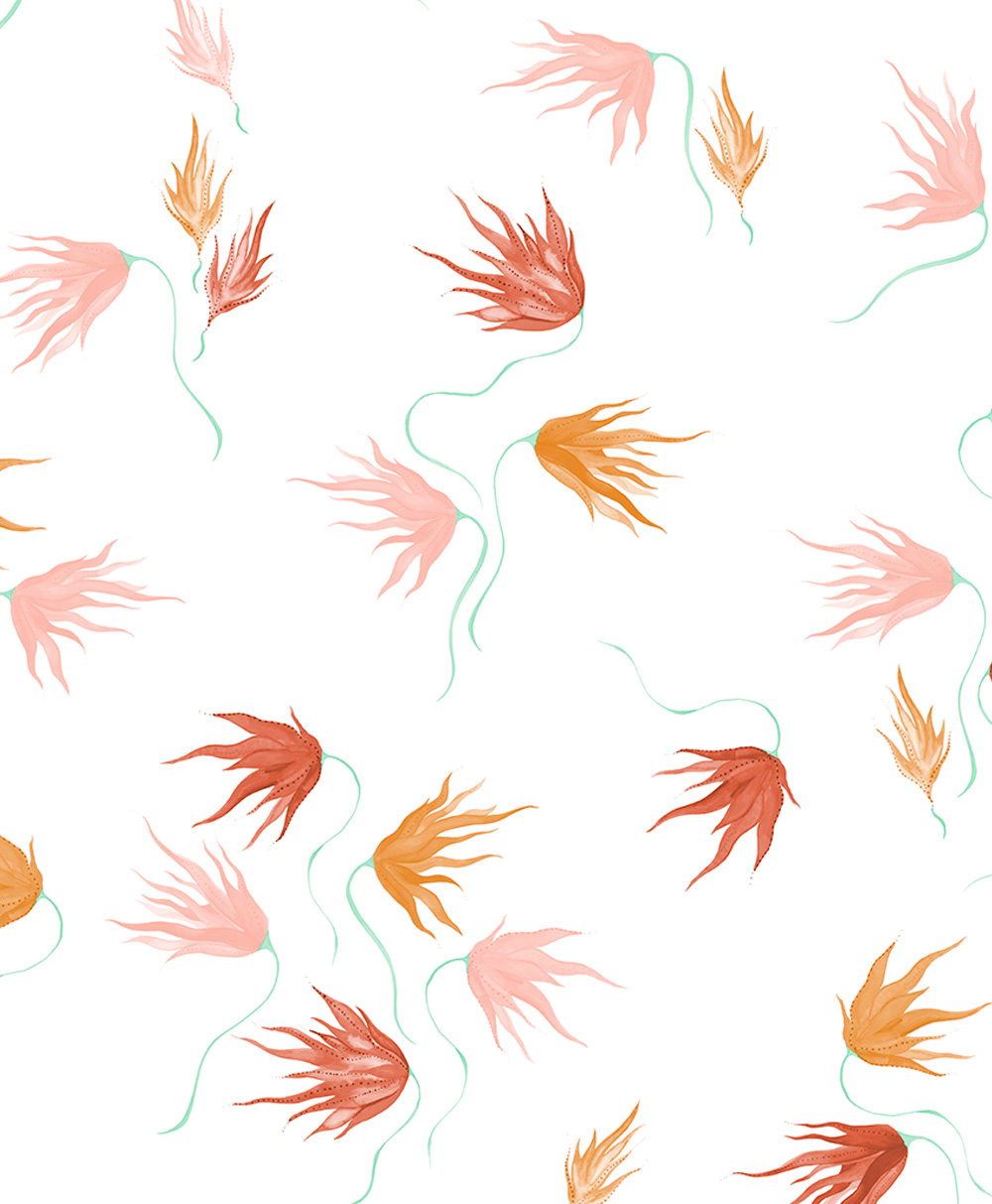Seamless pattern with abstract, hand-drawn orange and pink floral shapes and green stems scattered on a white background.