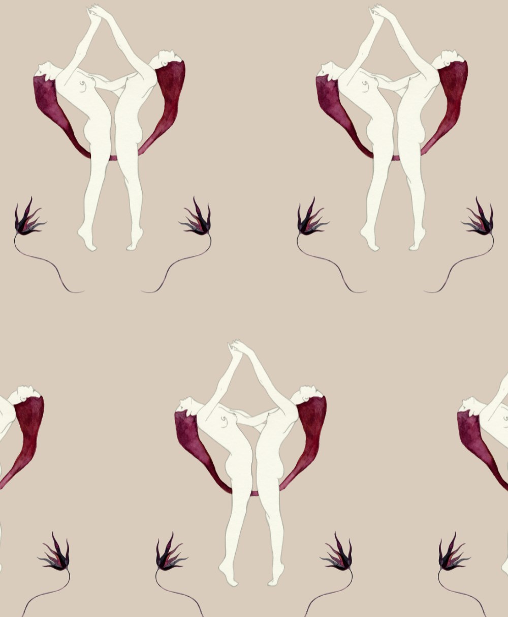 A repeating pattern of two nude, abstract figures with burgundy capes touching hands above their heads, next to stylized black flowers, on a beige background.