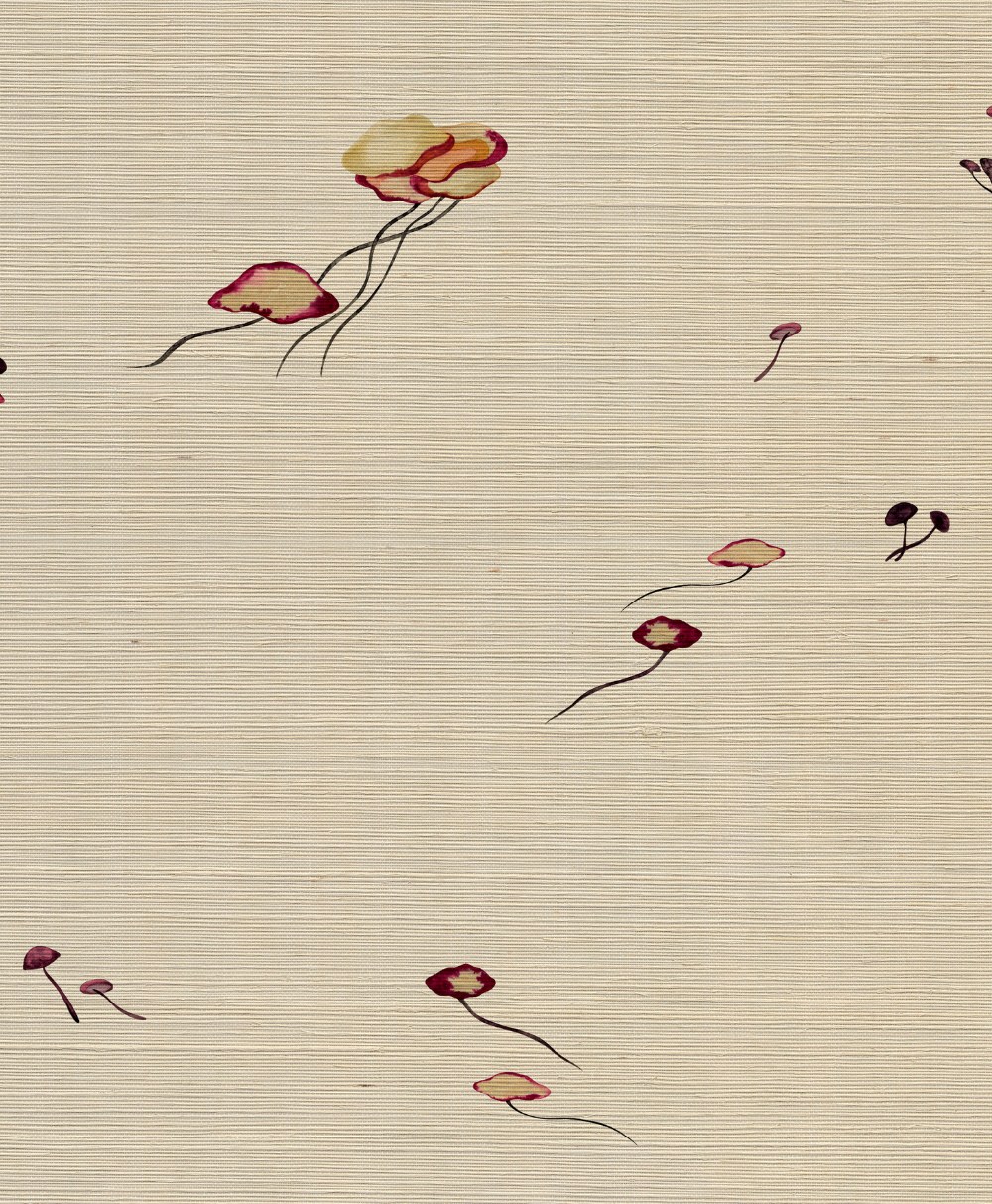 Minimalist pattern on a beige textured background with scattered, delicate flowers in red, yellow, and purple, connected to thin, curved stems. The design is sparse and airy, giving a light and elegant feel.