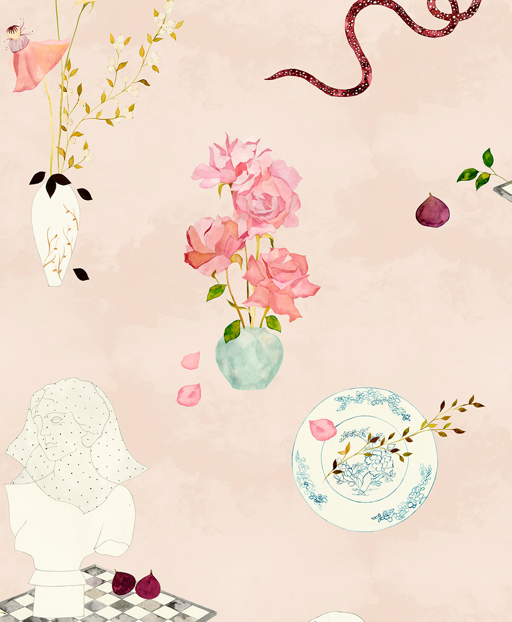 A pastel illustration featuring vases with pink flowers, a plate with a floral pattern, a Sphinx bust, a snake, figs, and scattered petals on a light pink background.