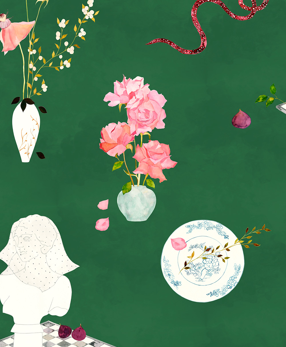 An illustration features pink flowers in vases, a decorative plate with a floral design, a white bust sculpture, figs, and a red snake on a green background with scattered petals and branches.