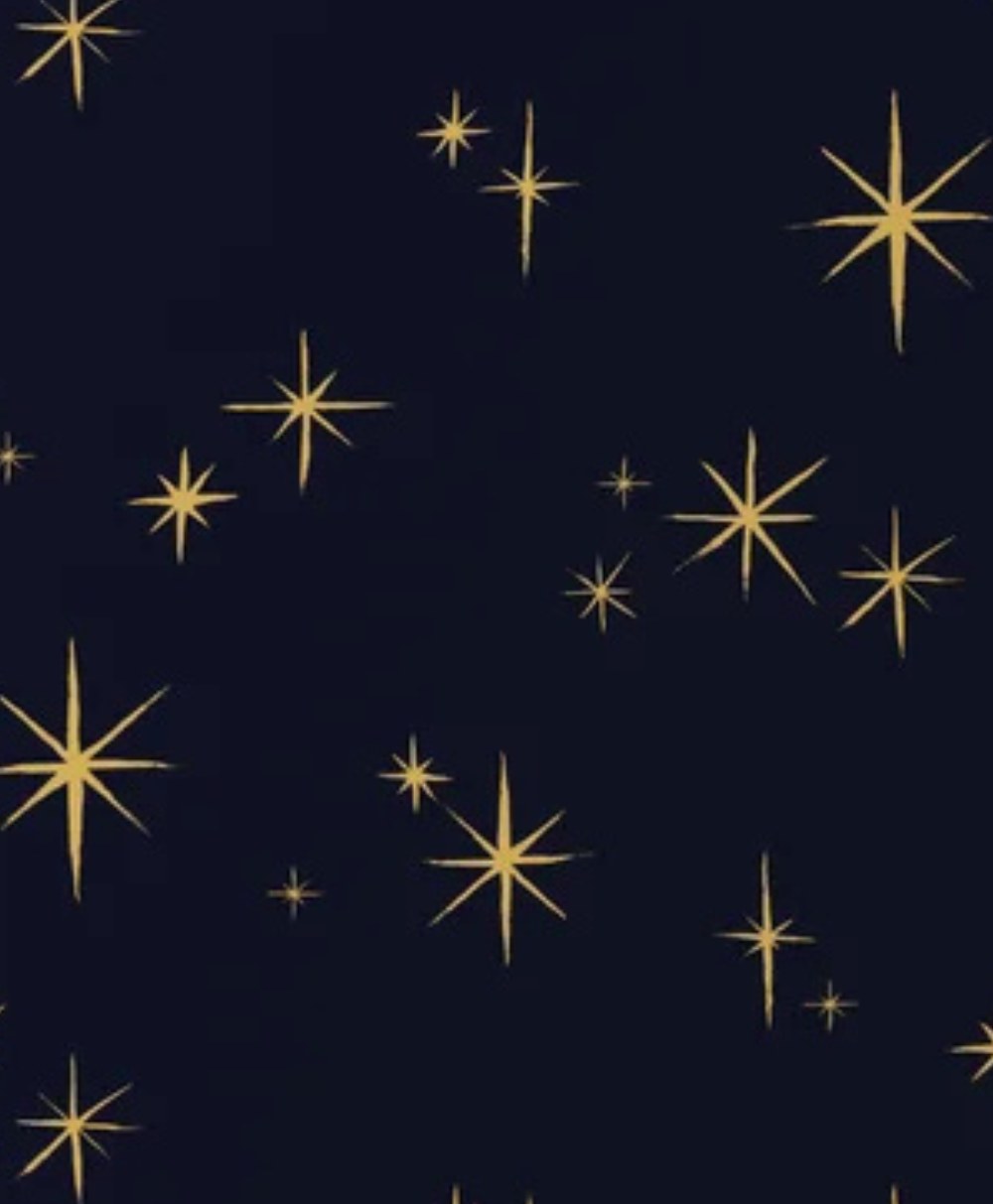 A pattern of golden, twinkling stars of various sizes scattered across a dark navy blue background.