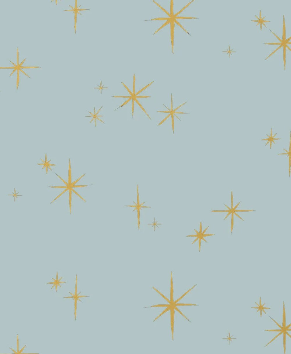 Light blue background with a pattern of variously sized yellow star shapes scattered evenly across the image, creating a whimsical, celestial design.