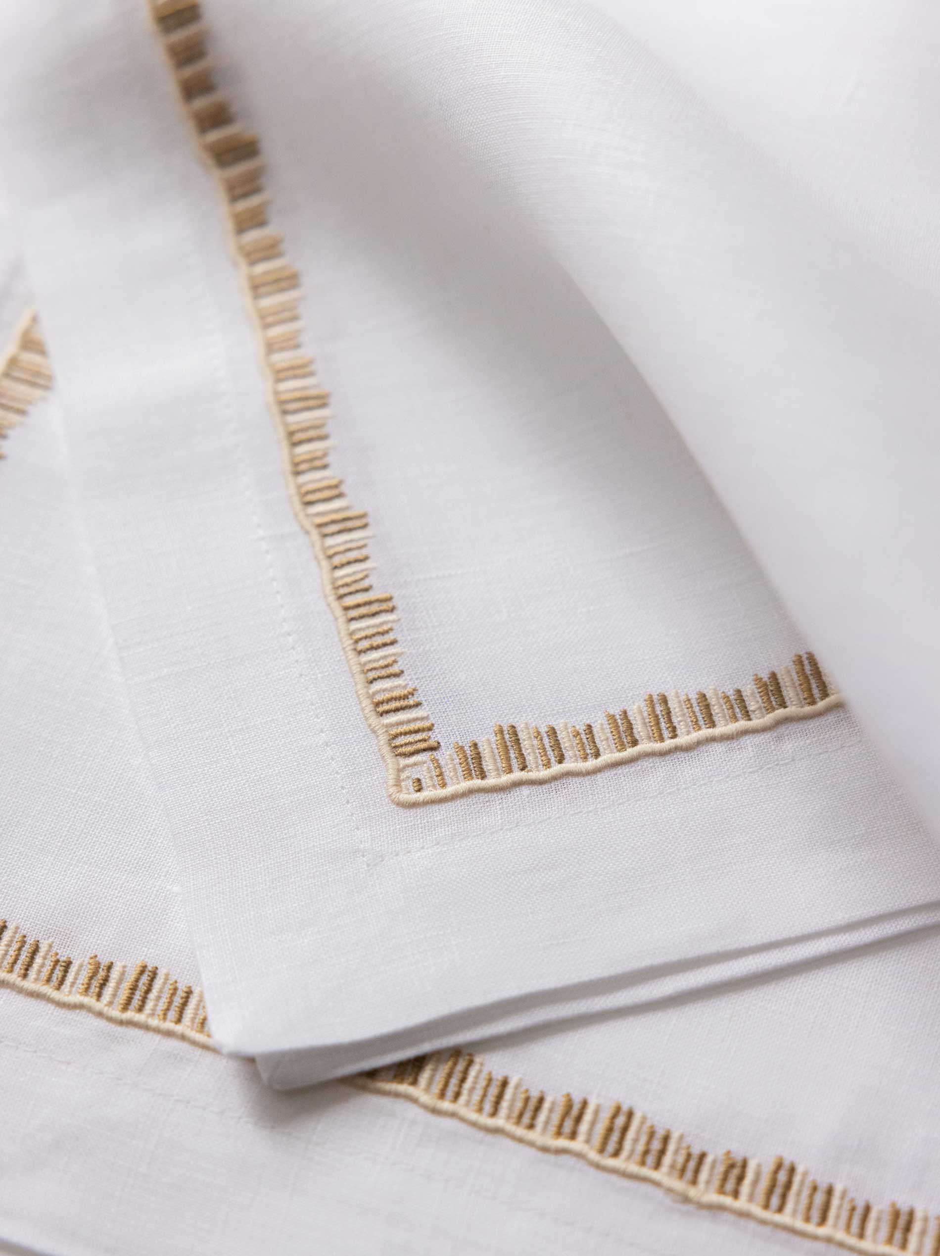 Close-up of neatly folded white napkins featuring a decorative beige stitched border, displayed on a white surface.