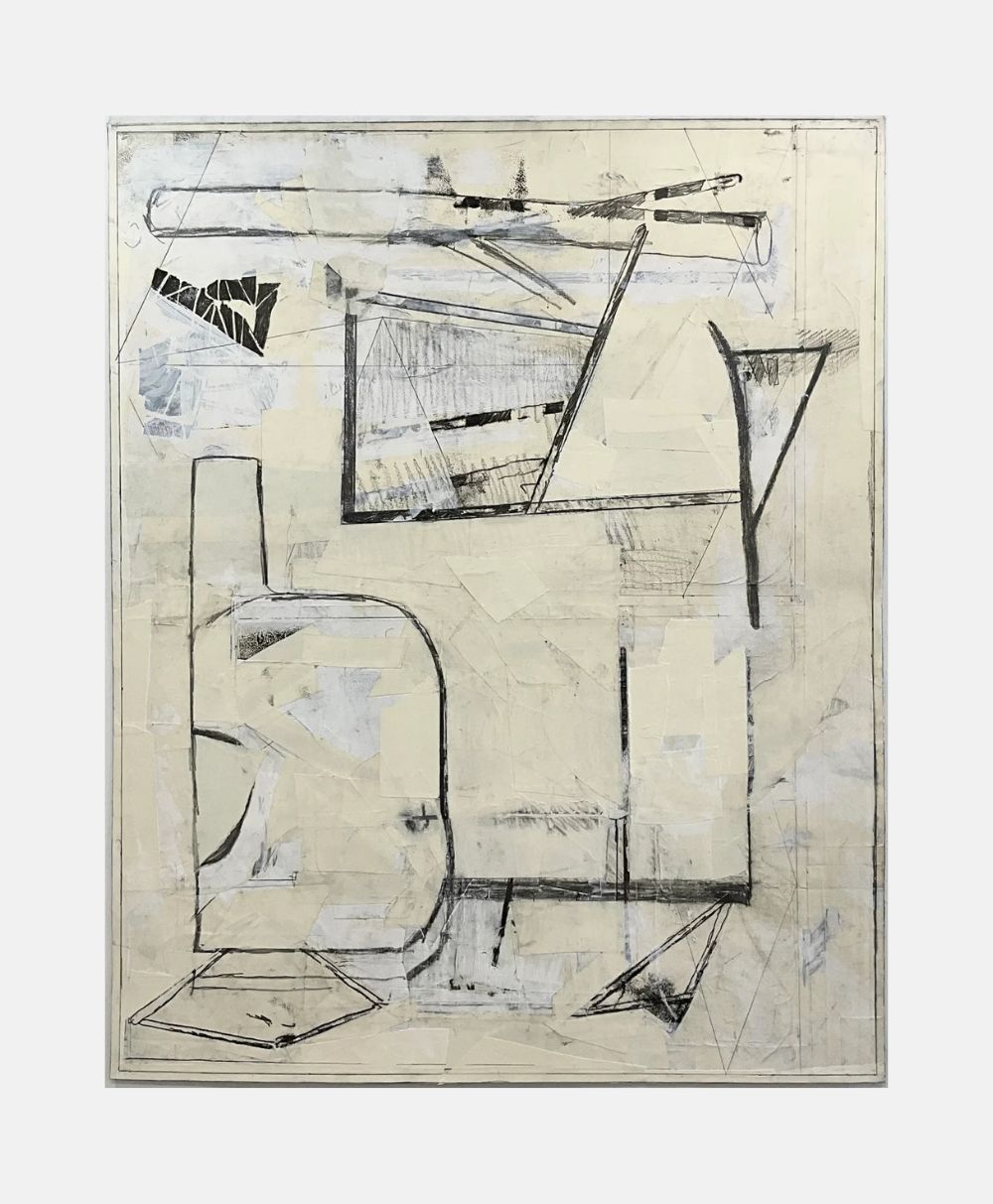 Abstract artwork featuring a white and beige background with geometric shapes and intersecting black lines, creating a layered, textured appearance. The forms are irregular and fragmented, giving a modern, minimalist aesthetic.