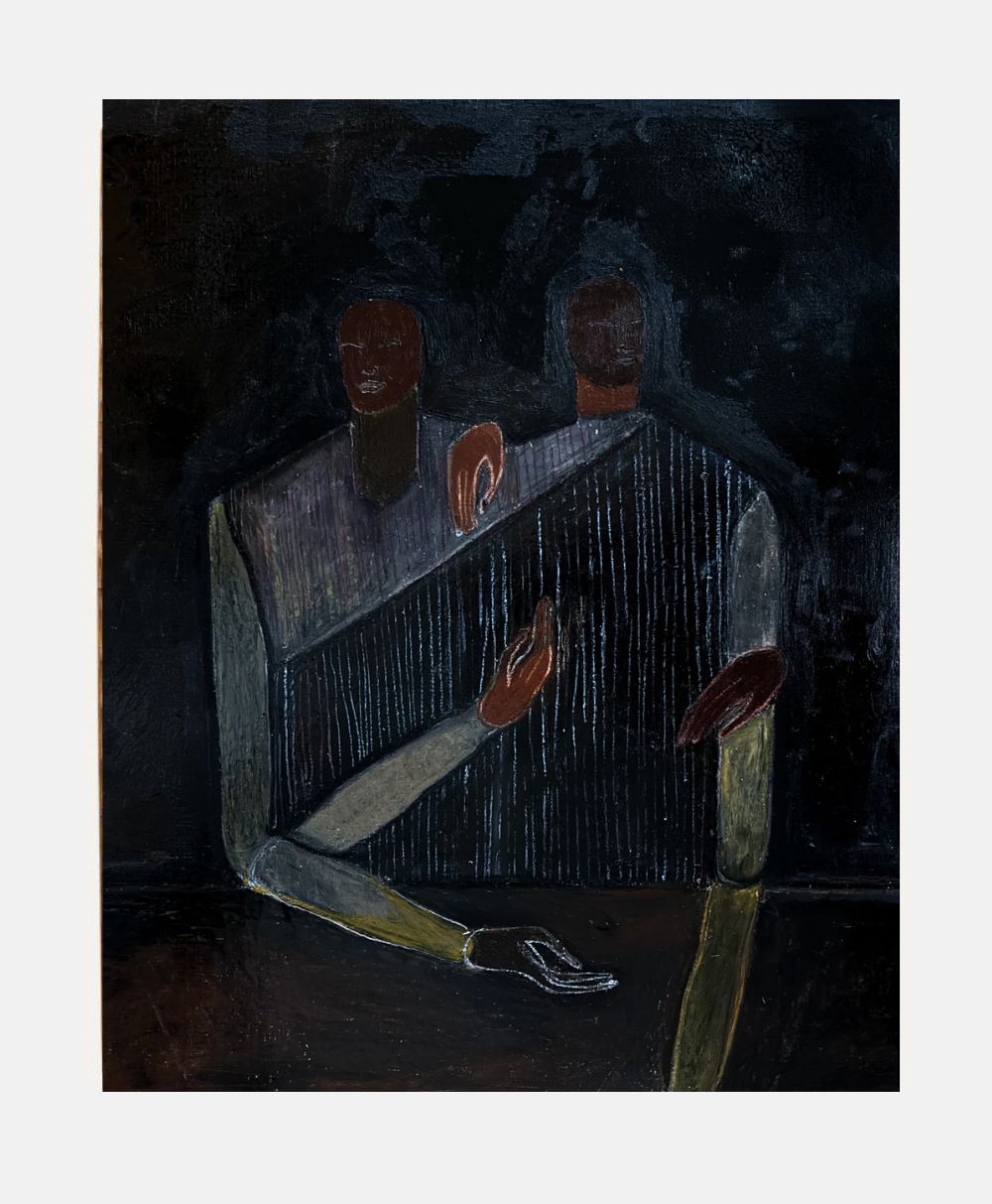 A dark, abstract painting of two faceless human figures side by side. One figure’s arm rests on the other’s shoulder, while their elongated arms and hands extend and overlap against a shadowy background.
