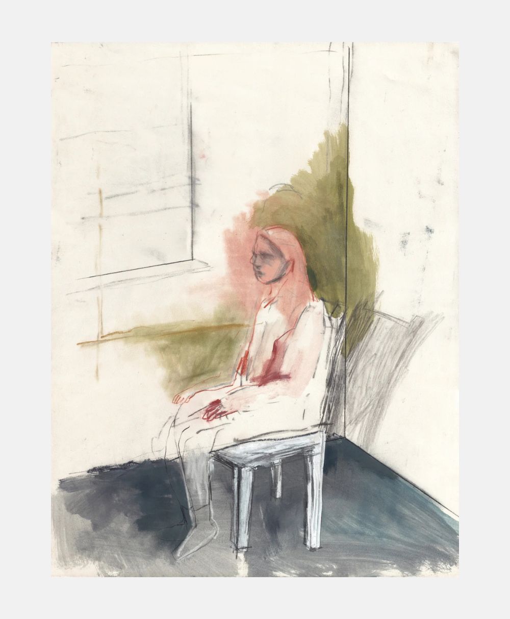 A sketch of a person sitting on a chair in a corner near a window. The figure is rendered in soft, blurred lines with muted tones, and a green and red wash suggesting light and shadow on the wall behind.
