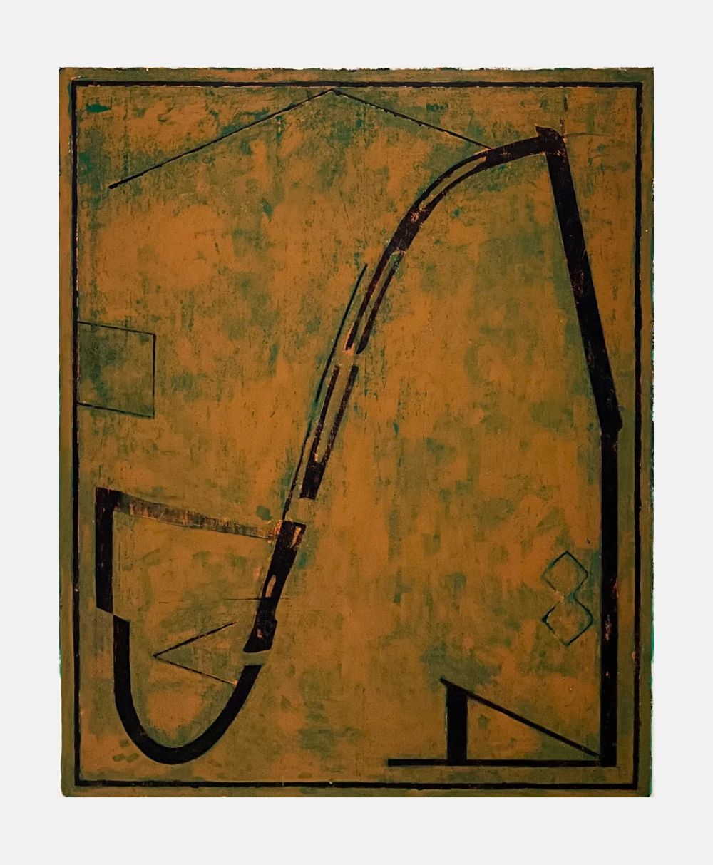 Abstract painting featuring a textured, earthy yellow background with black geometric, angular, and curved lines forming an irregular, house-like shape and simple forms within a square frame.