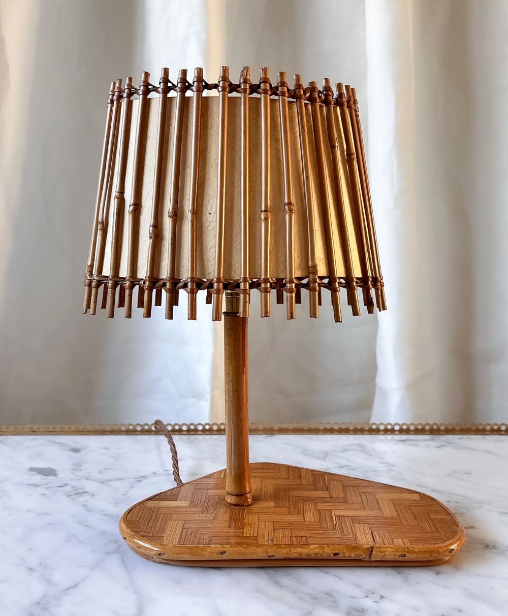 Fern and Green-Vintage French Bamboo Table Lamp Attributed to Louise Sognot