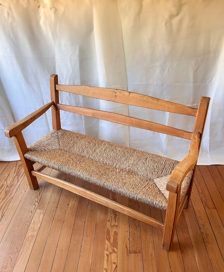 Vintage French Rail Back Bench With Rush Seat