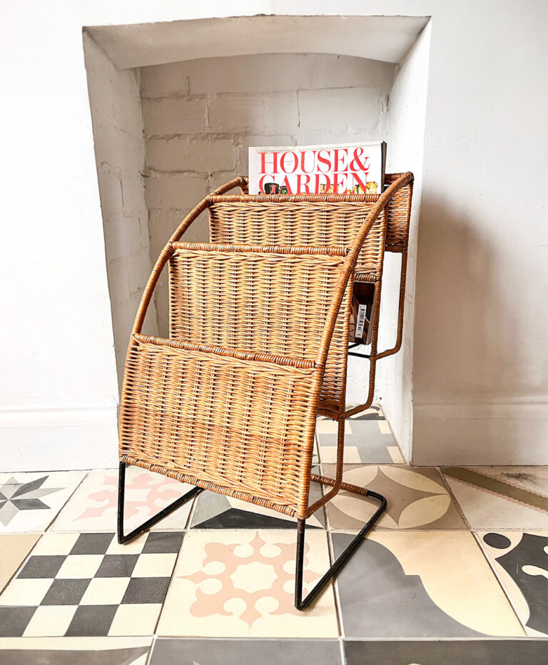 Vintage Three Tier Rattan Magazine Rack Attributed To Raoul Guys