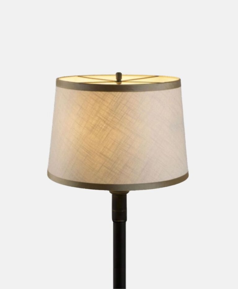 Laminated open weave linen lampshade with contrasting wide gold trim