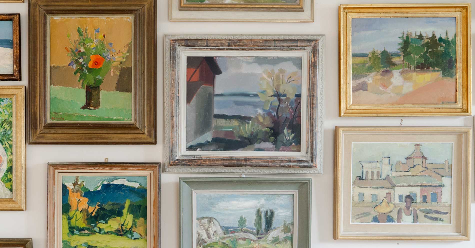 A section of the collection showing the colour palettes and landscapes Annalise returns to again and again - Hue and Holasz art gallery, Bath, UK - Scheme