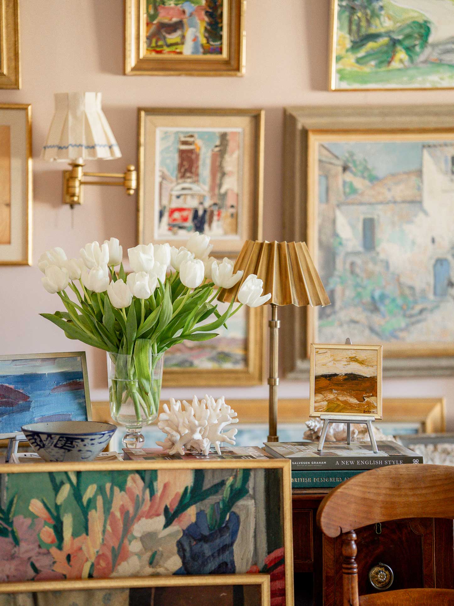 Vintage paintings styled within the studio - Hue and Holasz, art gallery, Bath, UK - Scheme