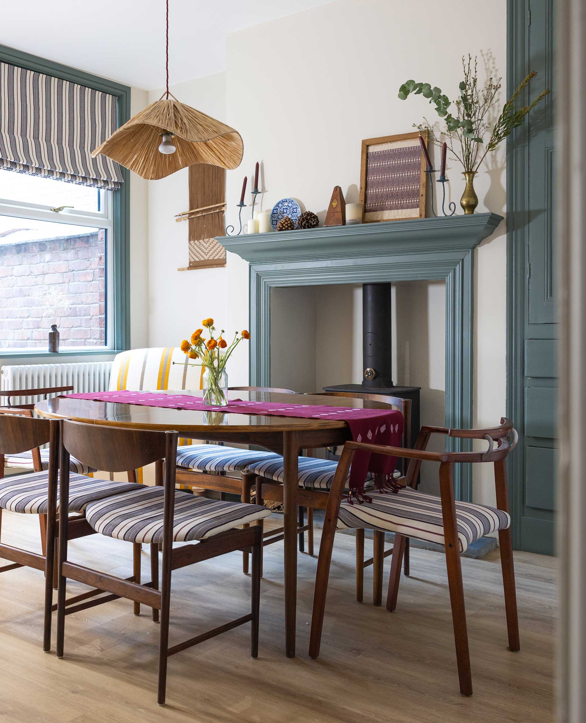 Routes Interior - dining room upholstered in Aura Handwoven Stripe Fabric in Eclipse Veil - Scheme