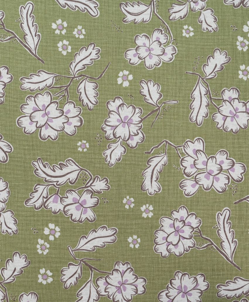 Cathy Nordström Ingrid fabric in Khaki, a linen with white and lilac flowers and leaves on an olive green ground