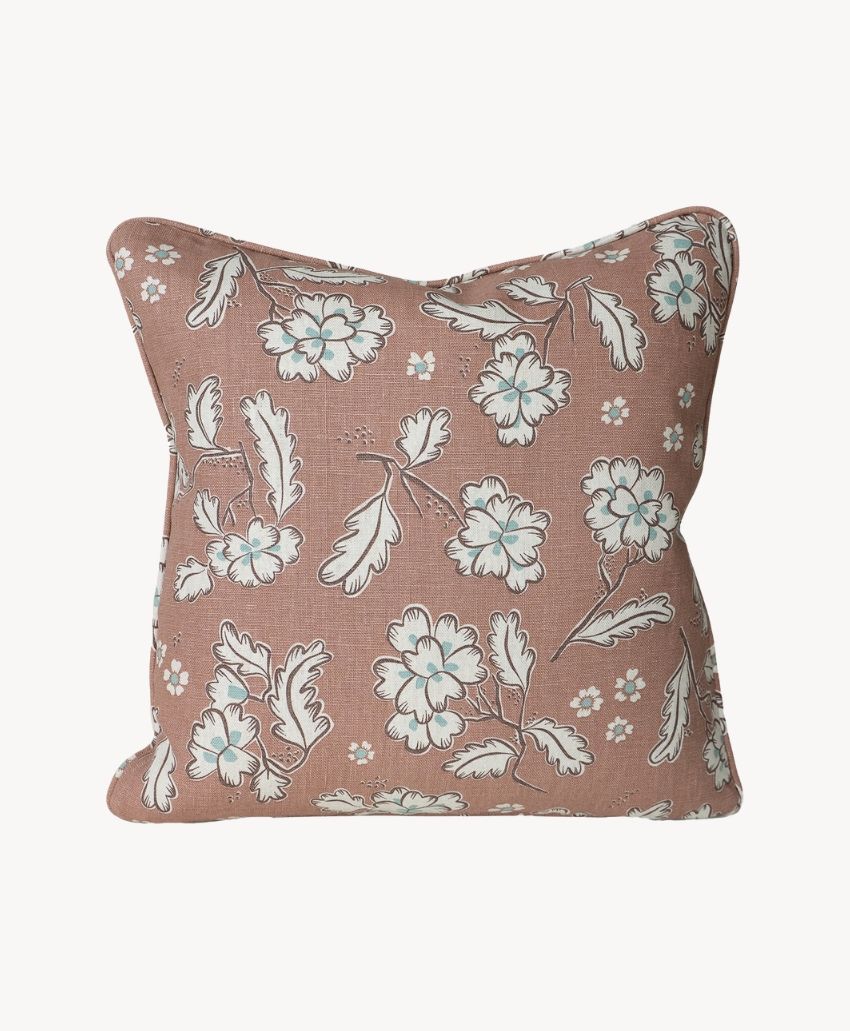Cathy Nordström Ingrid Fudge square cushion cover, 50 x 50cm, with a pale floral and leaf print on dusky pink linen and piped edges