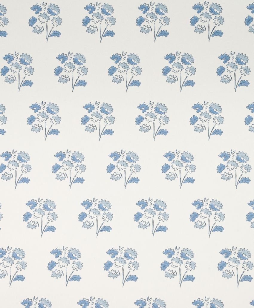 Cathy Nordström Flora wallpaper in Sky Blue, a repeating pattern of small blue flower sprigs on an off-white ground
