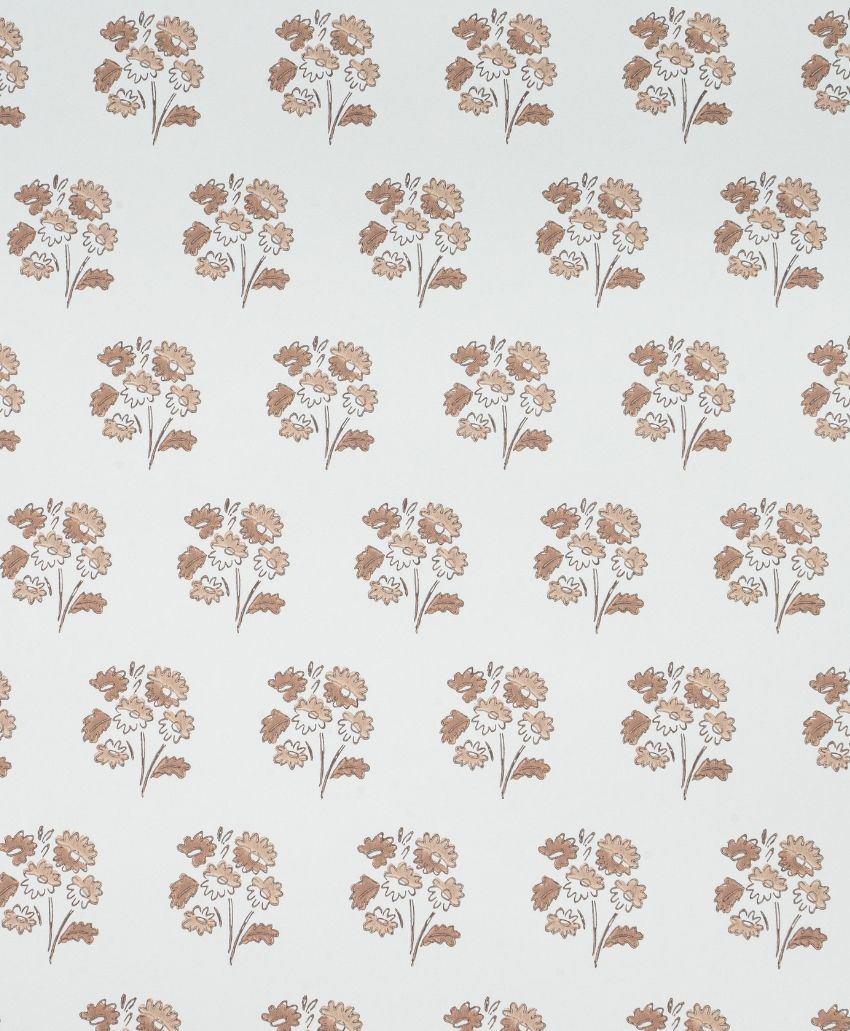 Cathy Nordström Flora wallpaper in Tobacco, a repeating pattern of small tan flower sprigs on a pale grey ground