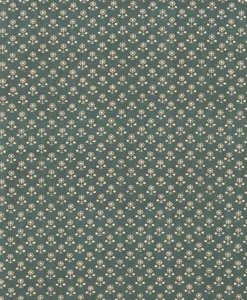 Inchyra Daisy Inverse Linen fabric in Teal, small cream daisy motifs in a repeat pattern on a deep teal green ground